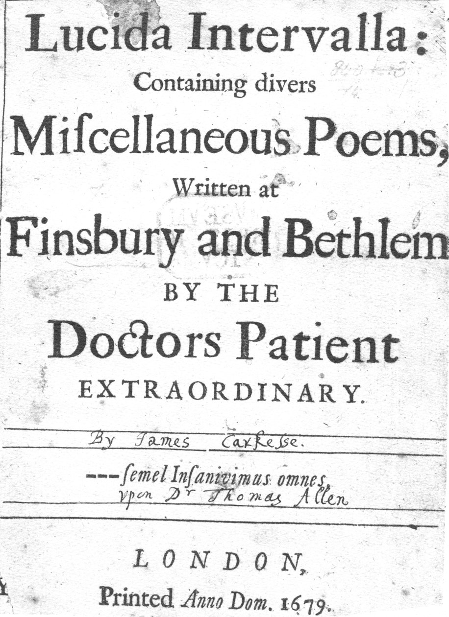 1679年出版的James Carkesse的Lucida Intervalla的标题页（印刷纸） 作者 英语学校