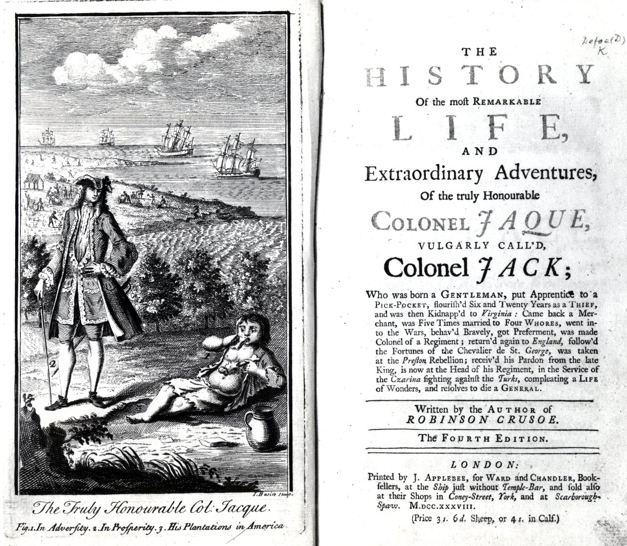 1738年丹尼尔·迪福（Daniel Defoe）真正的尊贵上校杰克（Jaque）的最显着生命和非凡冒险历史的标题页和主题 作者 英语学校