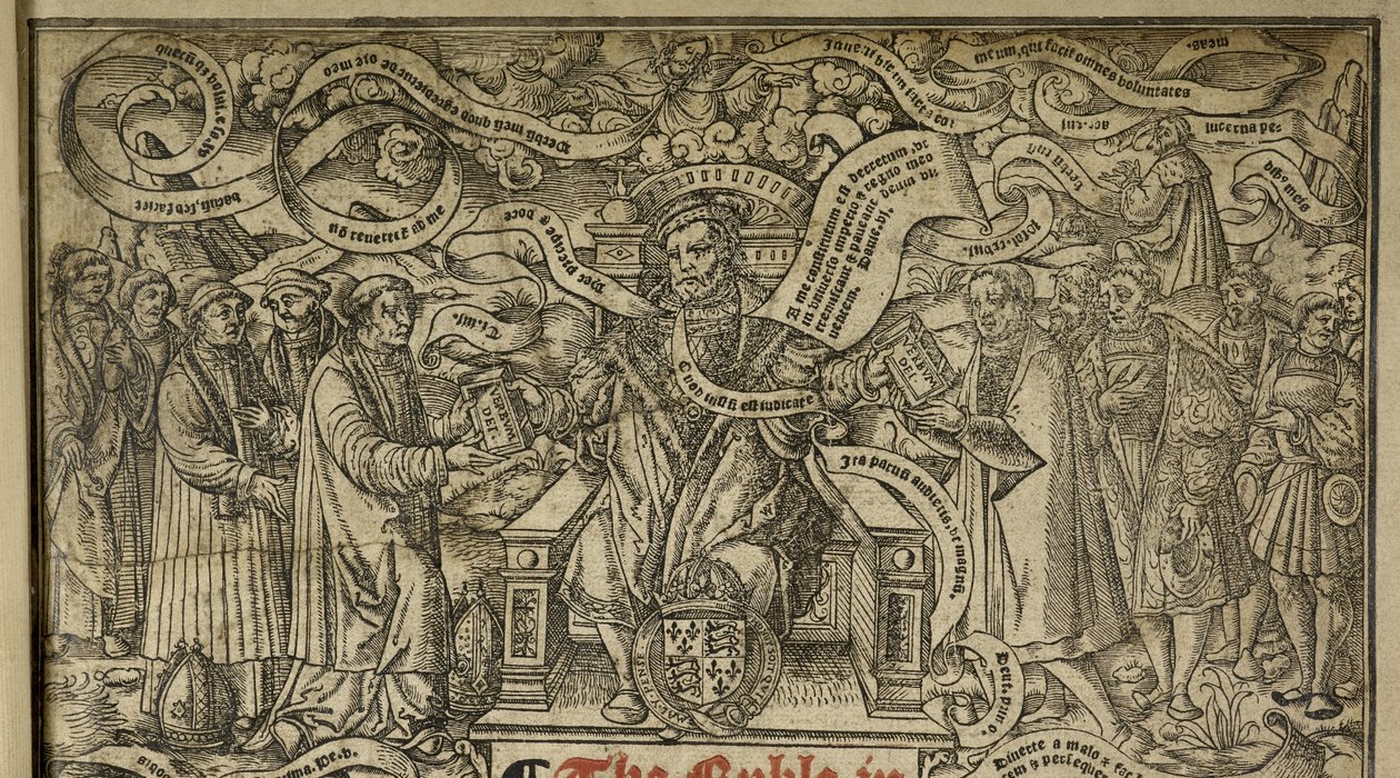 描绘 "国王亨利八世登基 "的扉页细节，选自 "伟大的圣经"，约 1541 年（木刻）。 作者 英语学校