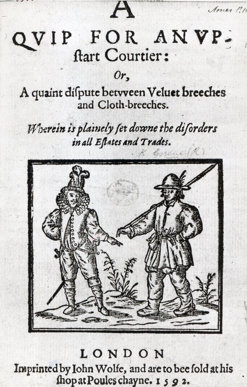 1592年，罗伯特·格林（Robert Greene）为新贵庭长提供的Quip的标题页 作者 英语学校