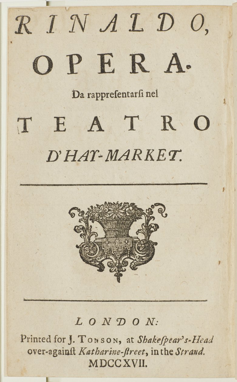 汉莎的歌剧“里纳尔多”剧本的标题页，由Giacomo Rossi撰写，1717年 作者 英语学校