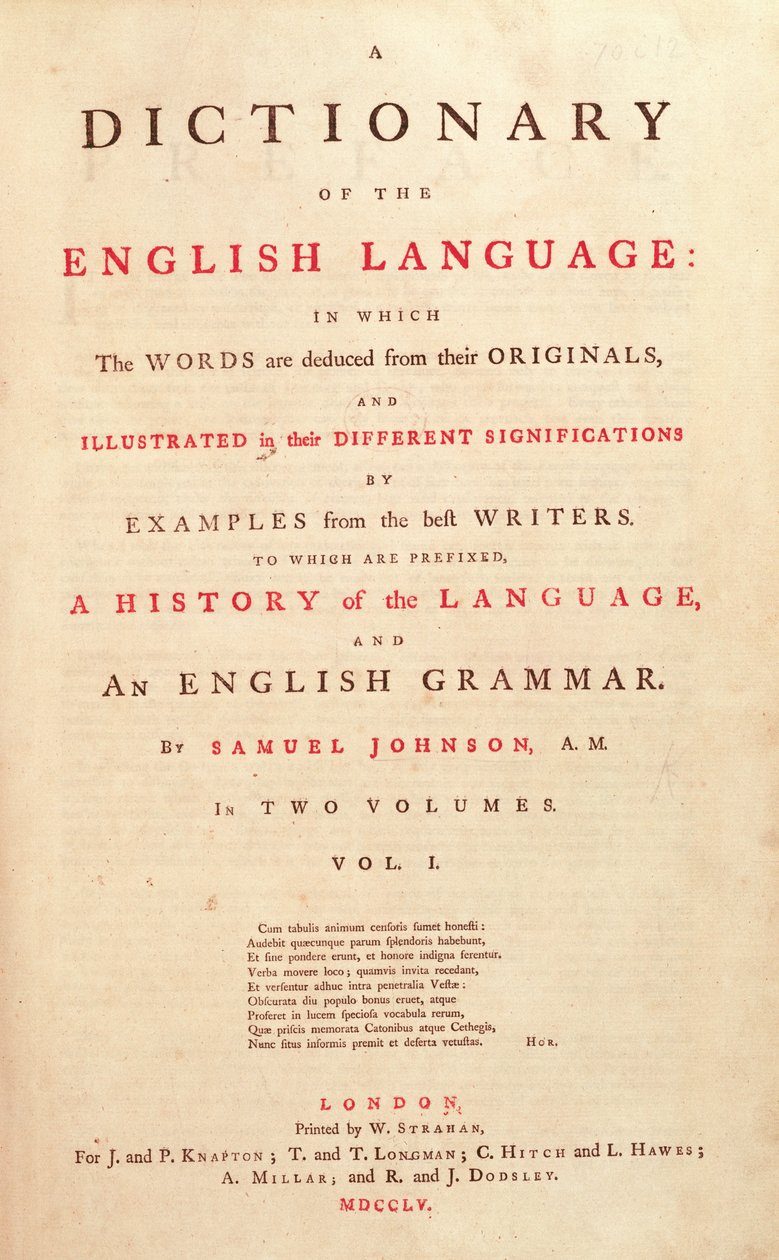 1755年约翰逊人类语言词典的标题页 作者 英语学校