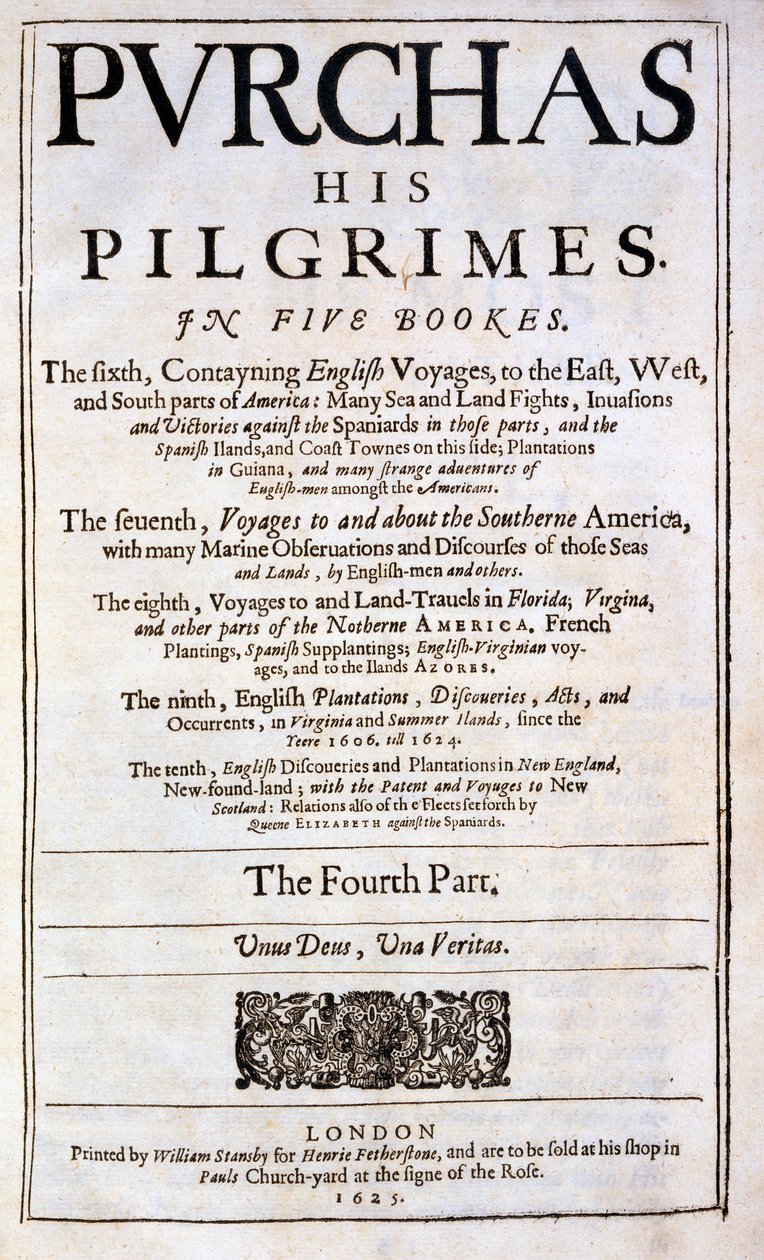 由Samuel Purchas购买他的Pilgrimes的标题页，出版于1625年 作者 英语学校