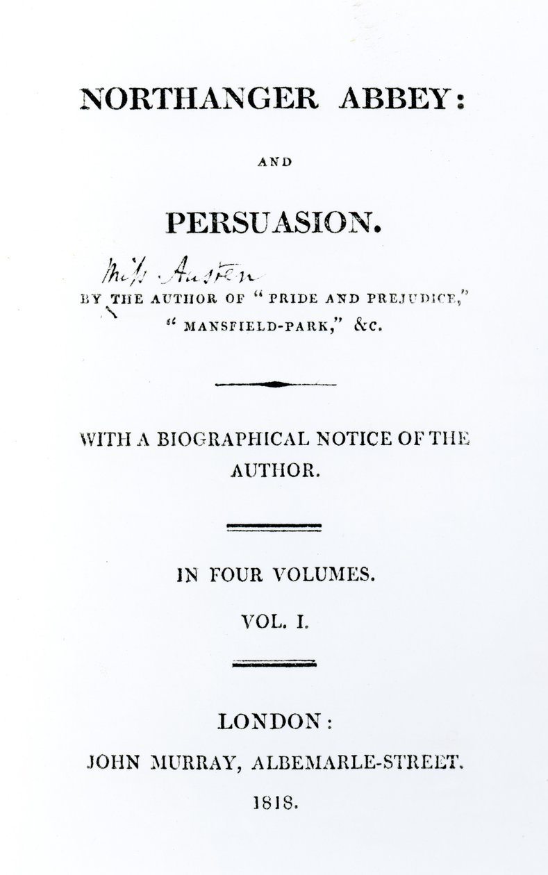 简·奥斯汀（Jane Austen）的第一版，1818年的Northanger Abbey and Persuasion的标题页 作者 英语学校
