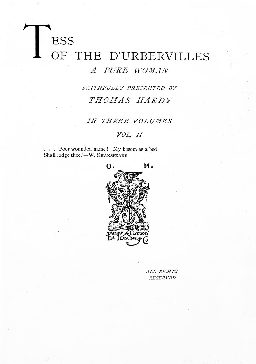 由Thomas Hardy撰写的&39;Tess of the D&39;Urbervilles&39;的标题页，出版于1892年（印刷纸） 作者 英语学校