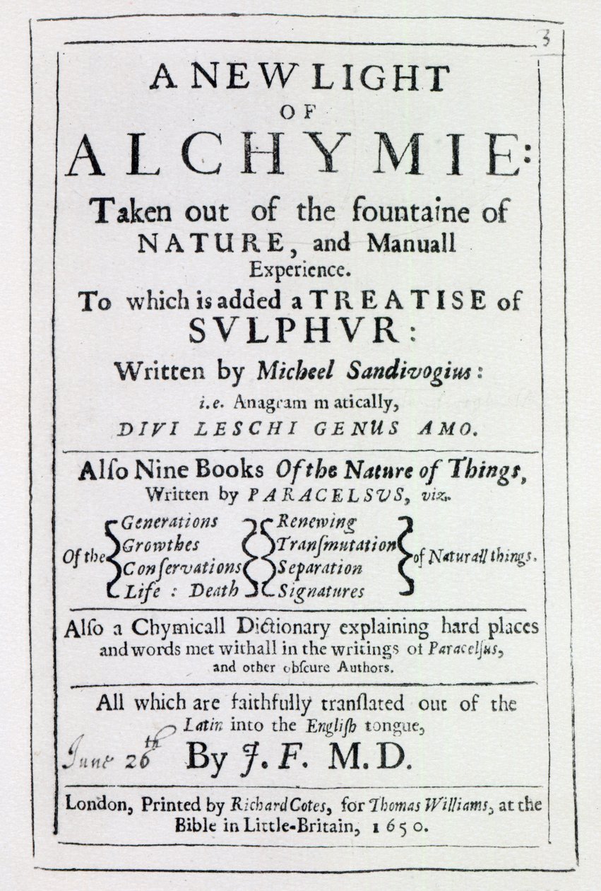 由Michal Sedziwoj撰写的A New Light on Alchemy英文版的标题页，1650（打印） 作者 英语学校