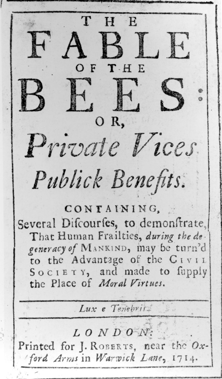 1714年Bernard de Mandeville的“蜜蜂寓言”的标题页 作者 英语学校