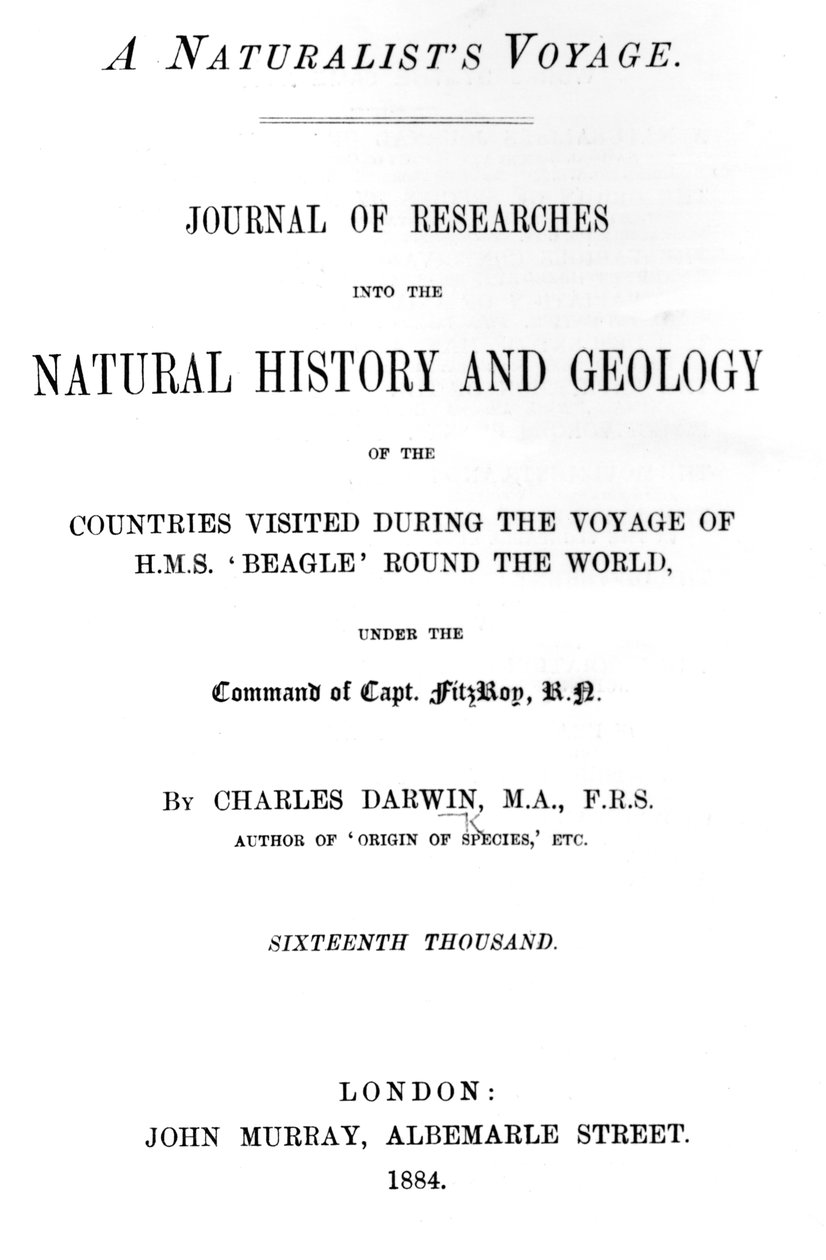 查尔斯·达尔文的自然主义者航行的标题页，1884年出版的版本（印刷纸） 作者 英语学校