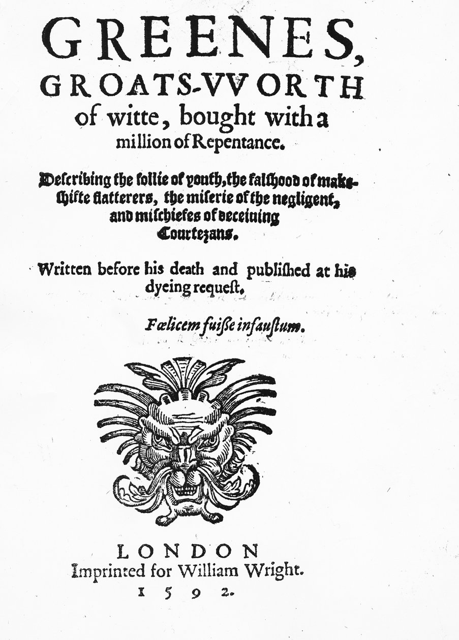 Greenes Groats-Worth of Wit的标题页，归功于Robert Greene，于1592年出版（印刷纸） 作者 英语学校