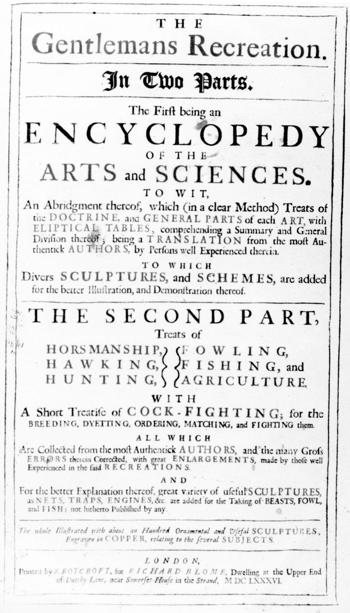1686年Richard Blome出版的The Gentlemans Recreation的标题页 作者 英语学校