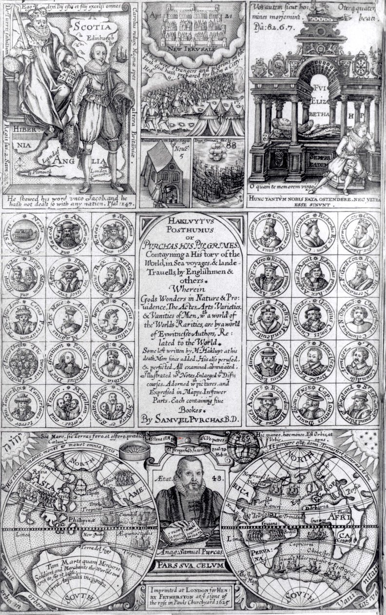 1625年出版的第一版Hakluytus Posthumus或Purchas His Pilgrimes的标题页 作者 英语学校