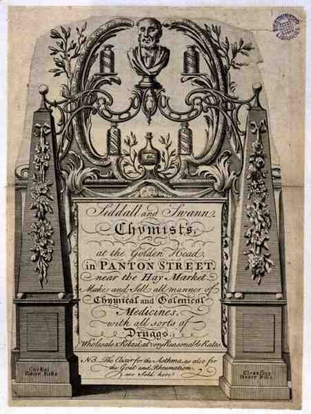Siddall and Swann, Chemists, at the Golden Head, Panton Street, London（雕刻）的贸易卡。 作者 英语学校