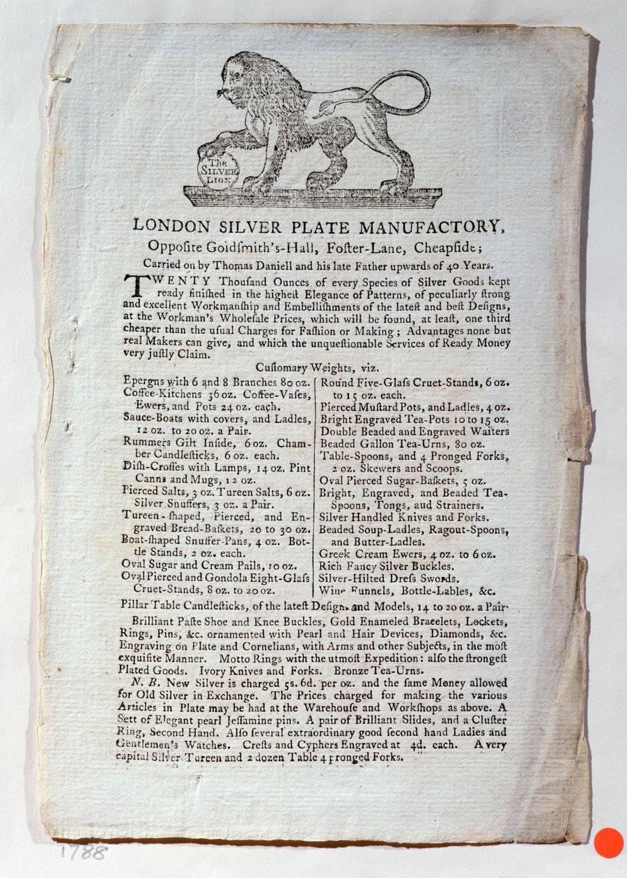 伦敦银板制造厂的交易卡，1788年 作者 英语学校