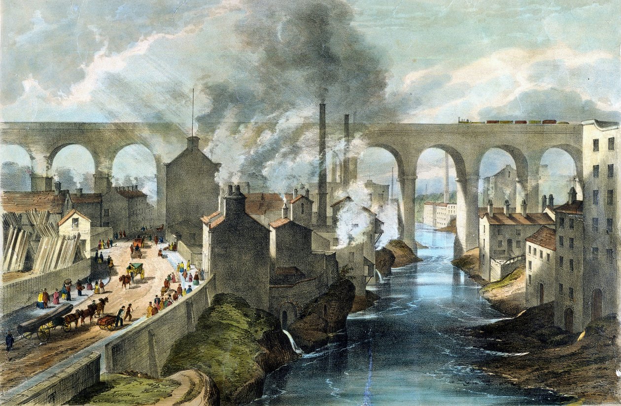 约 1845 年，伦敦和西北铁路上的列车穿越斯托克波特高架桥（彩色石版印刷）。 作者 英语学校
