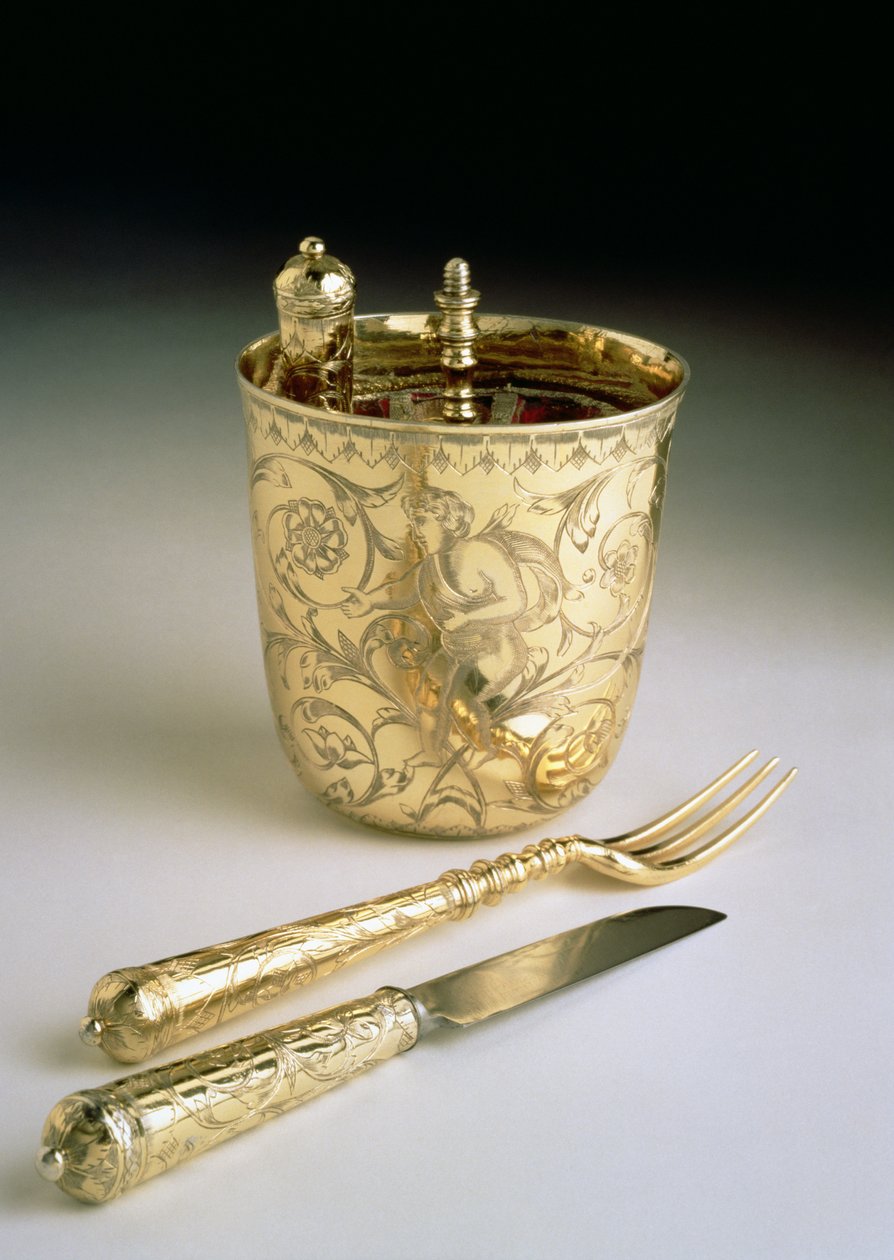 旅行套刀，叉，勺子和烧杯，c.1690（银） 作者 英语学校