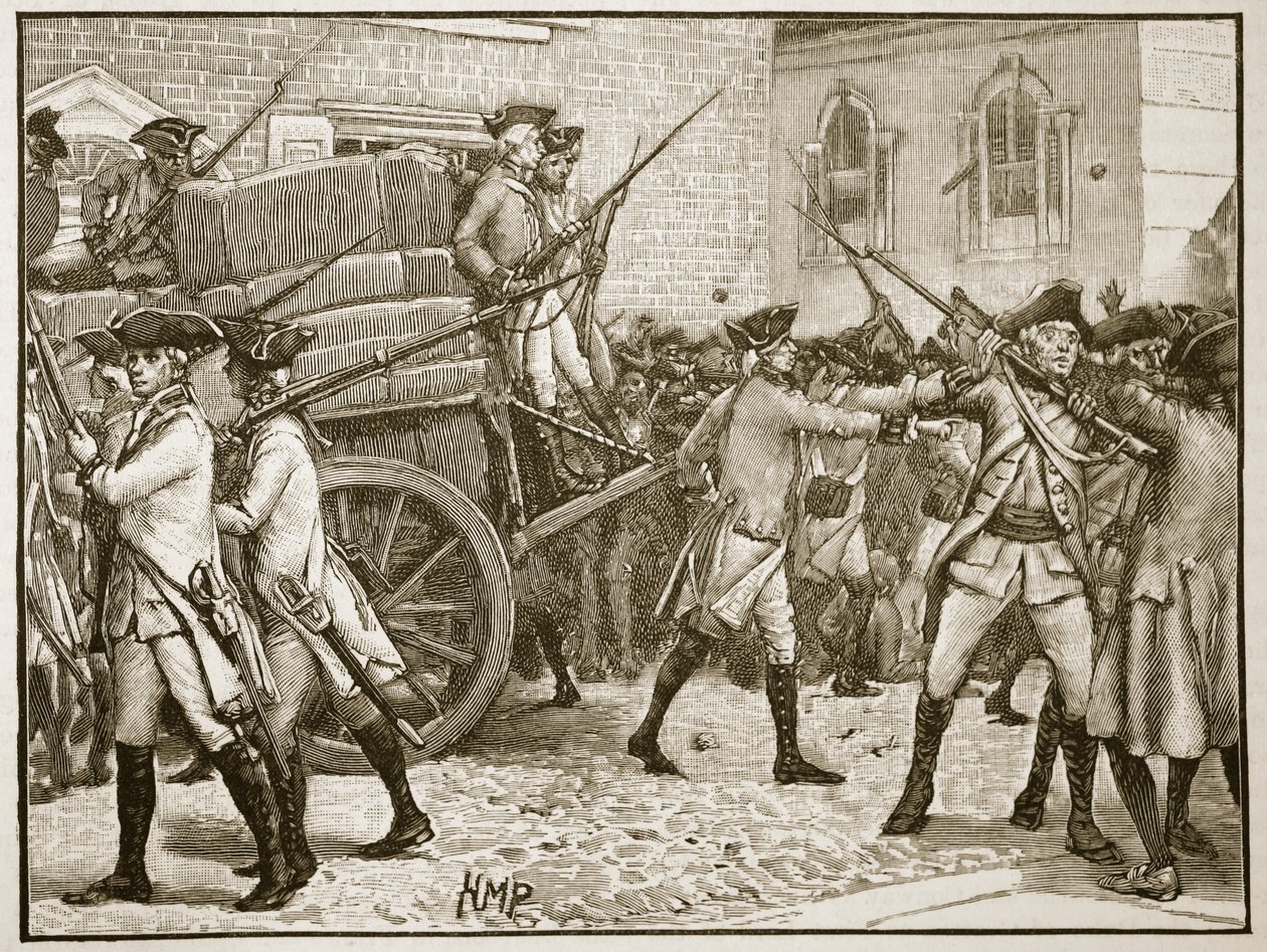 1766年纽约市政厅护送盖章纸的部队，插图来自卡塞尔斯画报英国历史（棕褐色照片） 作者 英语学校
