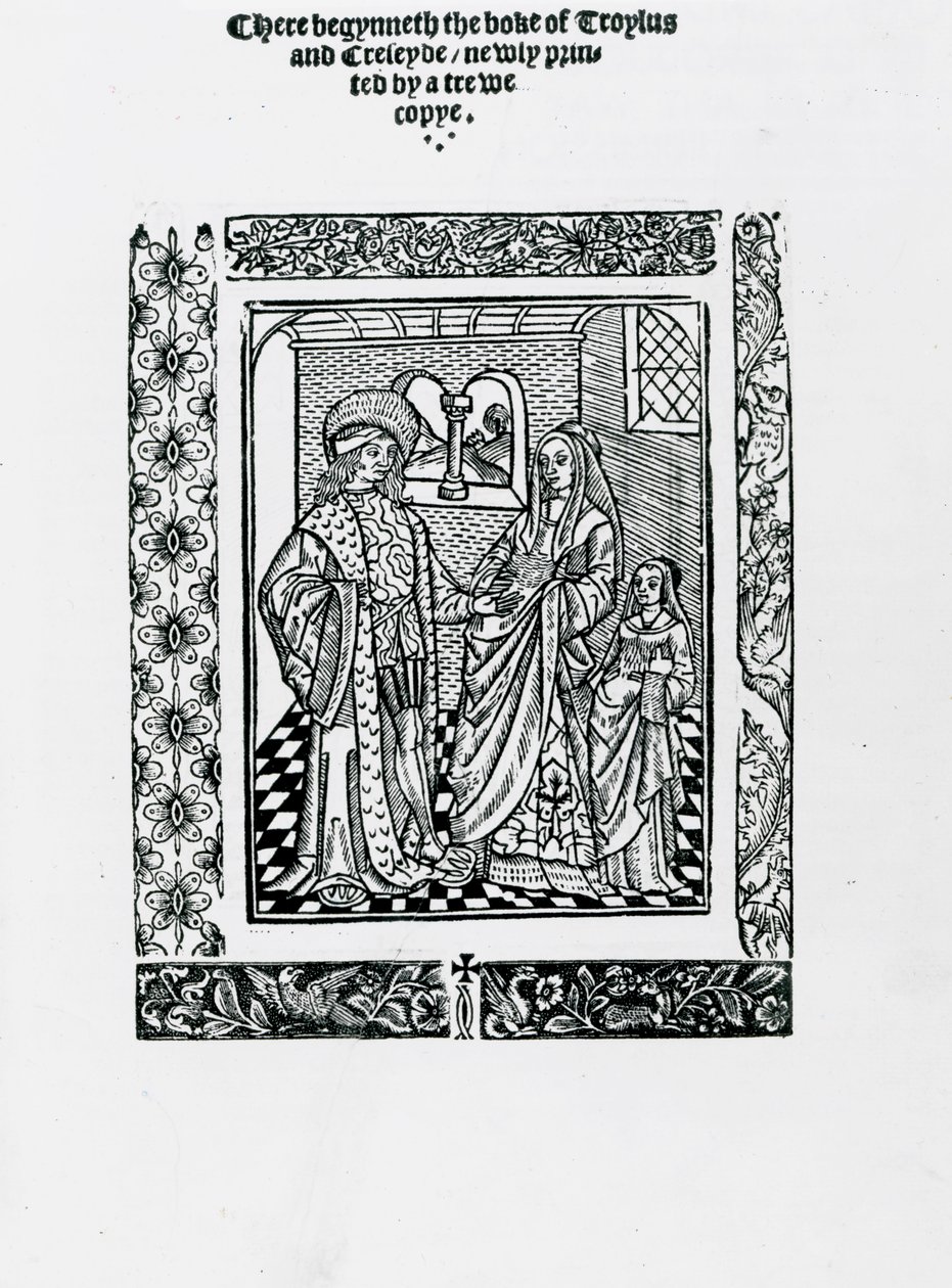 Geoffrey Chaucer的Troylus and Creseyde（木刻版）。 作者 英语学校