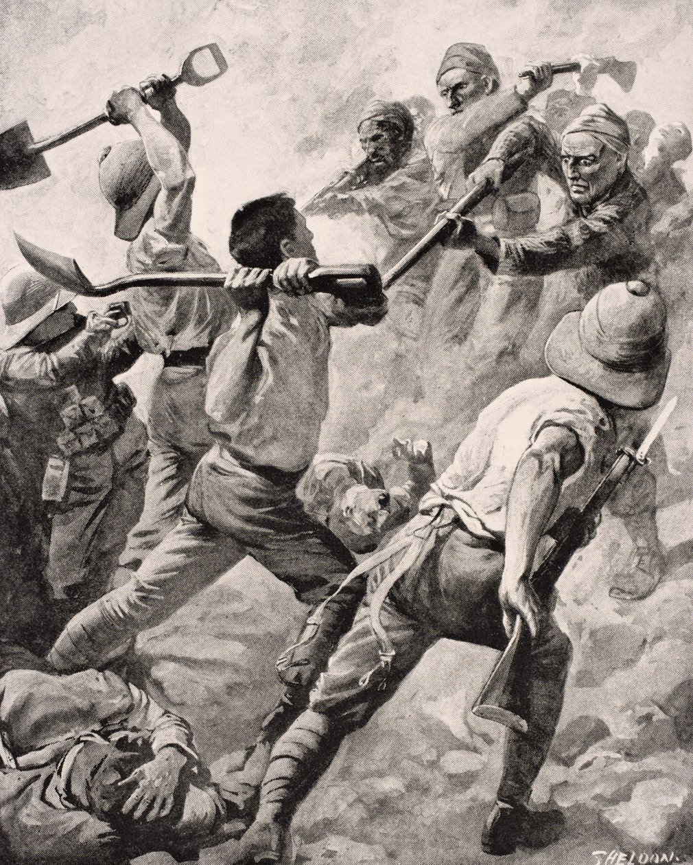 土耳其和英国士兵于1915年在土耳其加里波利半岛进行手持战斗，于1916年在伦敦出版的“战争画报专辑”中出版 作者 英语学校