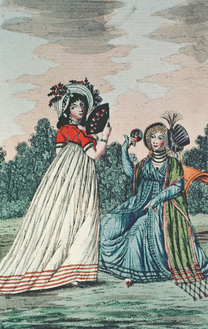 两个时尚女士在花园里，c.1800（彩色雕刻） 作者 英语学校