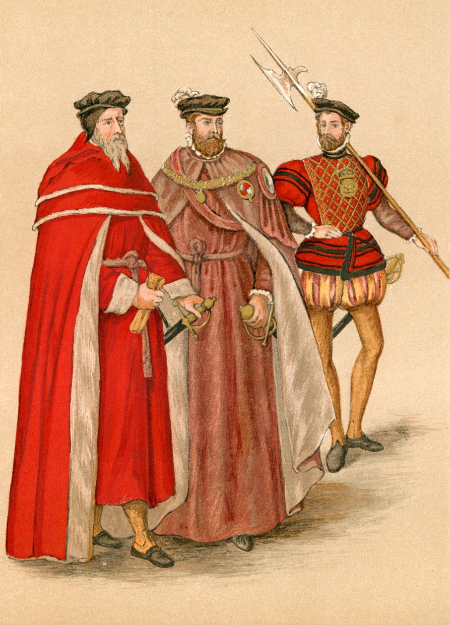 两名身着长袍的同龄人和一名戟手（彩色石版画） 作者 英语学校