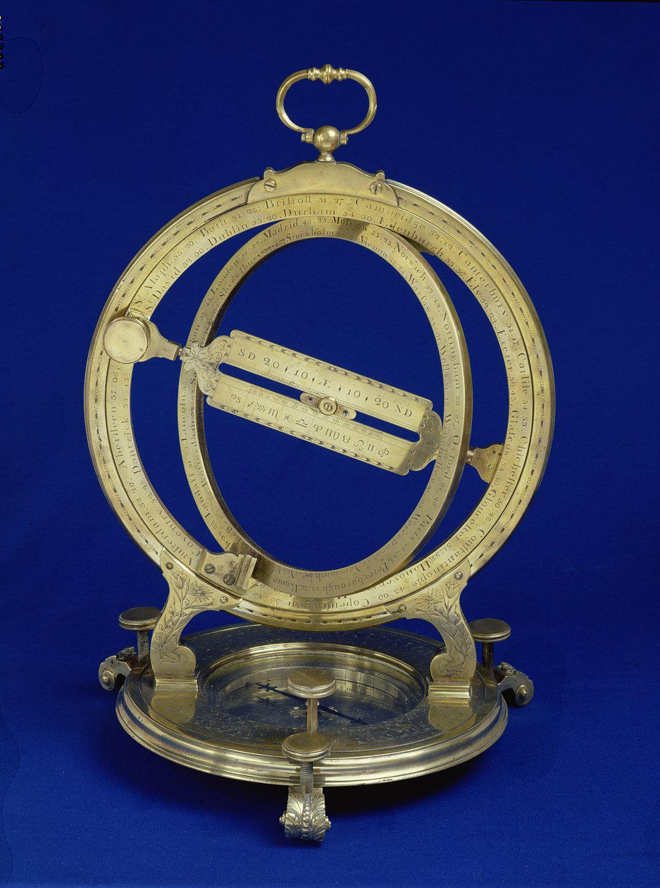Universal Equinoctian Standing Ring Dial，可能由Thomas Heath制作，1730（黄铜） 作者 英语学校