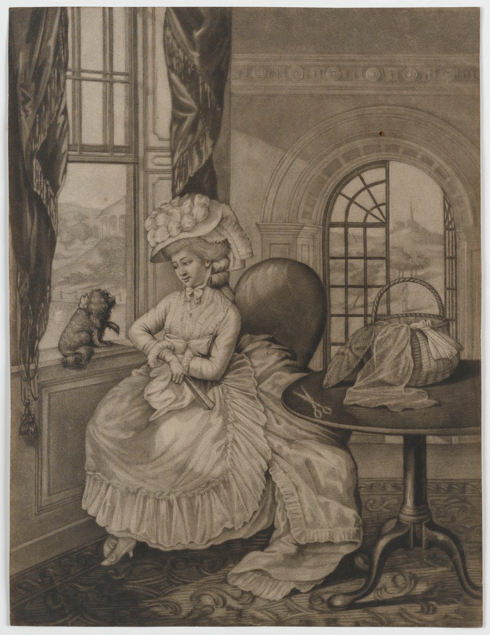 无题（女人坐在窗口关于一只小狗），c.1780（mezzotint） 作者 英语学校