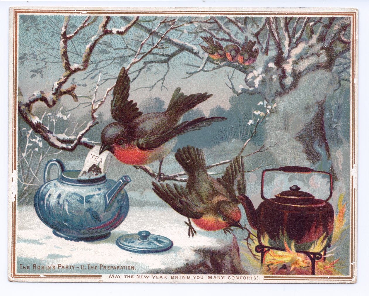 维多利亚新年贺卡，贺卡上的知更鸟在下雪的冬夜泡茶，约 1880 年（彩色石版印刷） 作者 英语学校