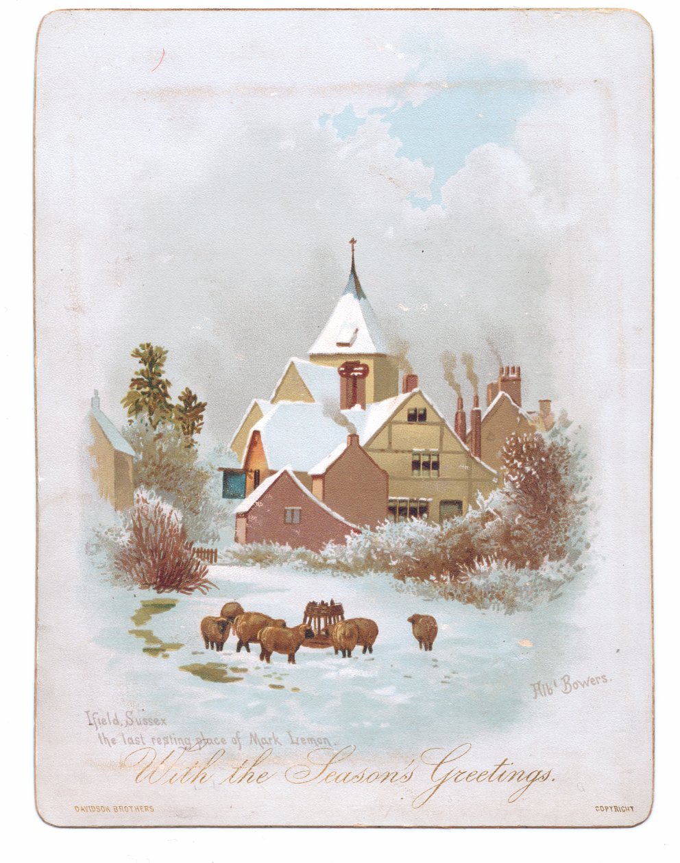 维多利亚贺卡：羊群在雪中的教堂附近徘徊，约 1880 年（彩色石版印刷） 作者 英语学校