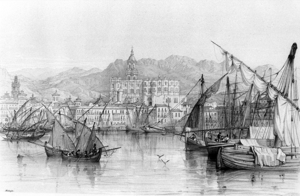 马拉加的视图，来自乔治维维安的西班牙风光，于1838年出版 作者 英语学校