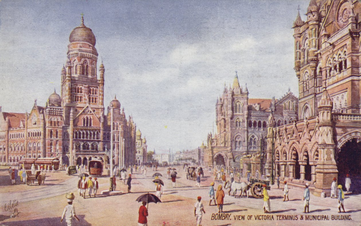 孟买维多利亚总站和市政大楼景观（彩色石版画） 作者 英语学校