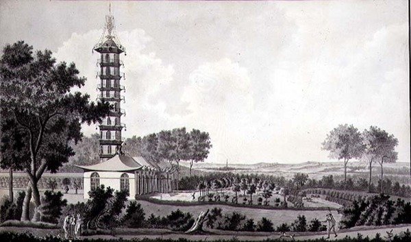 带有中国塔的荷兰花园景观，约1770年（纸上水彩笔墨）。 作者 英语学校