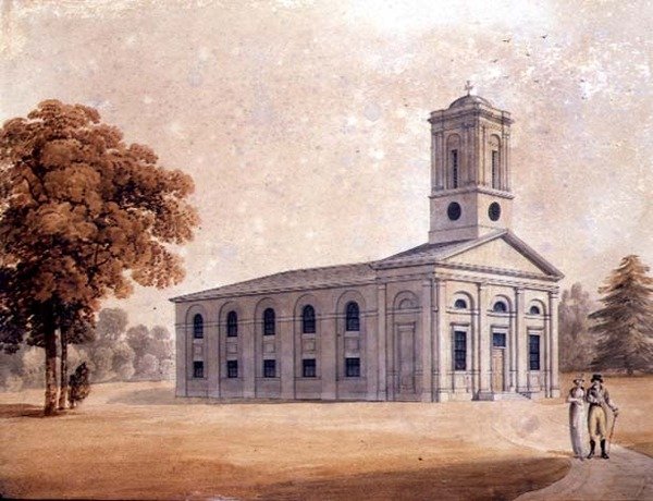 公园中的新古典主义教堂景观，约1790年（纸上水彩）。 作者 英语学校