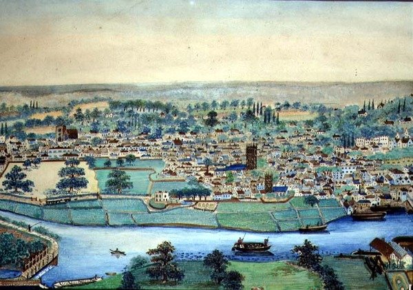 城镇和河流的景色，约1830年（纸上水彩）。 作者 英语学校