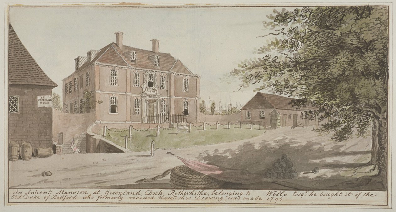 在格陵兰码头的一个古老豪宅的视图在Rotherhithe，Bermondsey，1796（在纸上的wc） 作者 英语学校