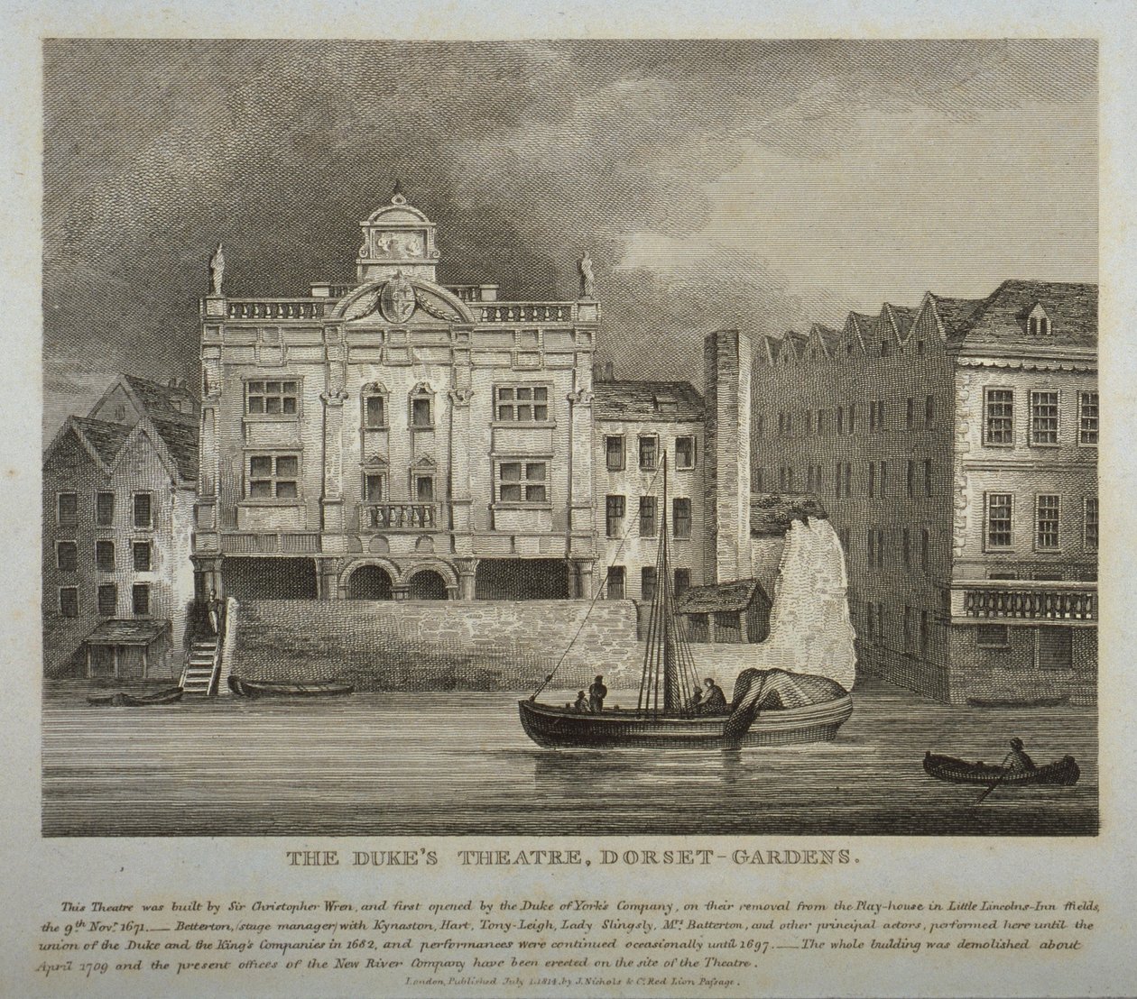 公爵剧院，多塞特郡花园的看法，从泰晤士河，1814年 作者 英语学校