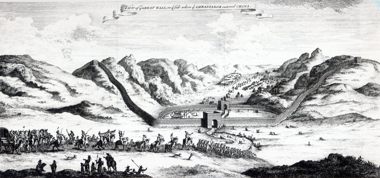 大使进入中国的长城景观，来自约翰哈里斯的“旅行与旅行的集合”，1748年 作者 英语学校