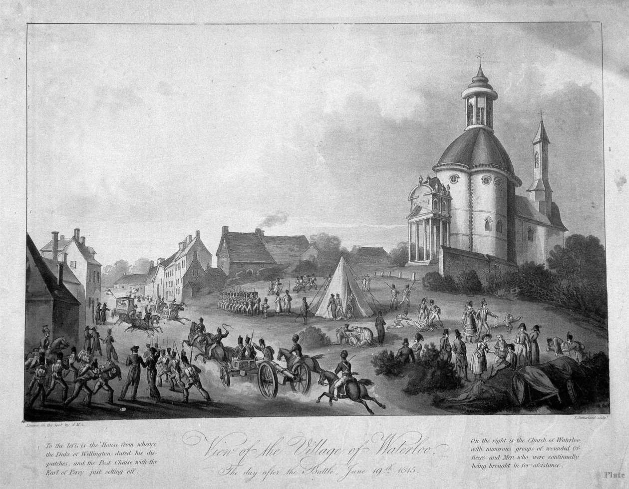 1816年6月19日，1816年（彩色aquatint）战斗后第二天滑铁卢村的景色 作者 英语学校