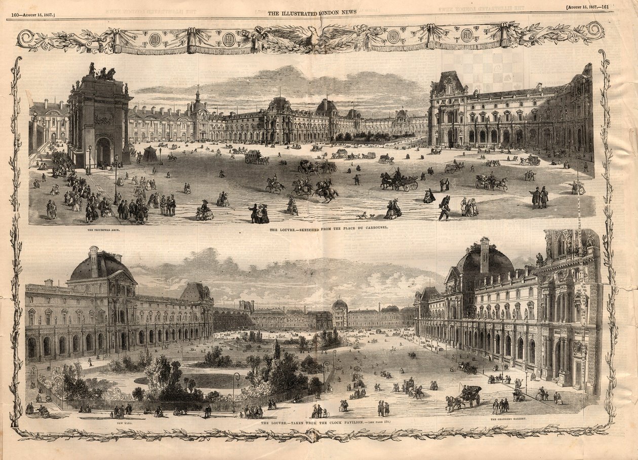 巴黎卢浮宫庭院的景观。1857年8月15日 "伦敦新闻报 "上的版画。 作者 英语学校