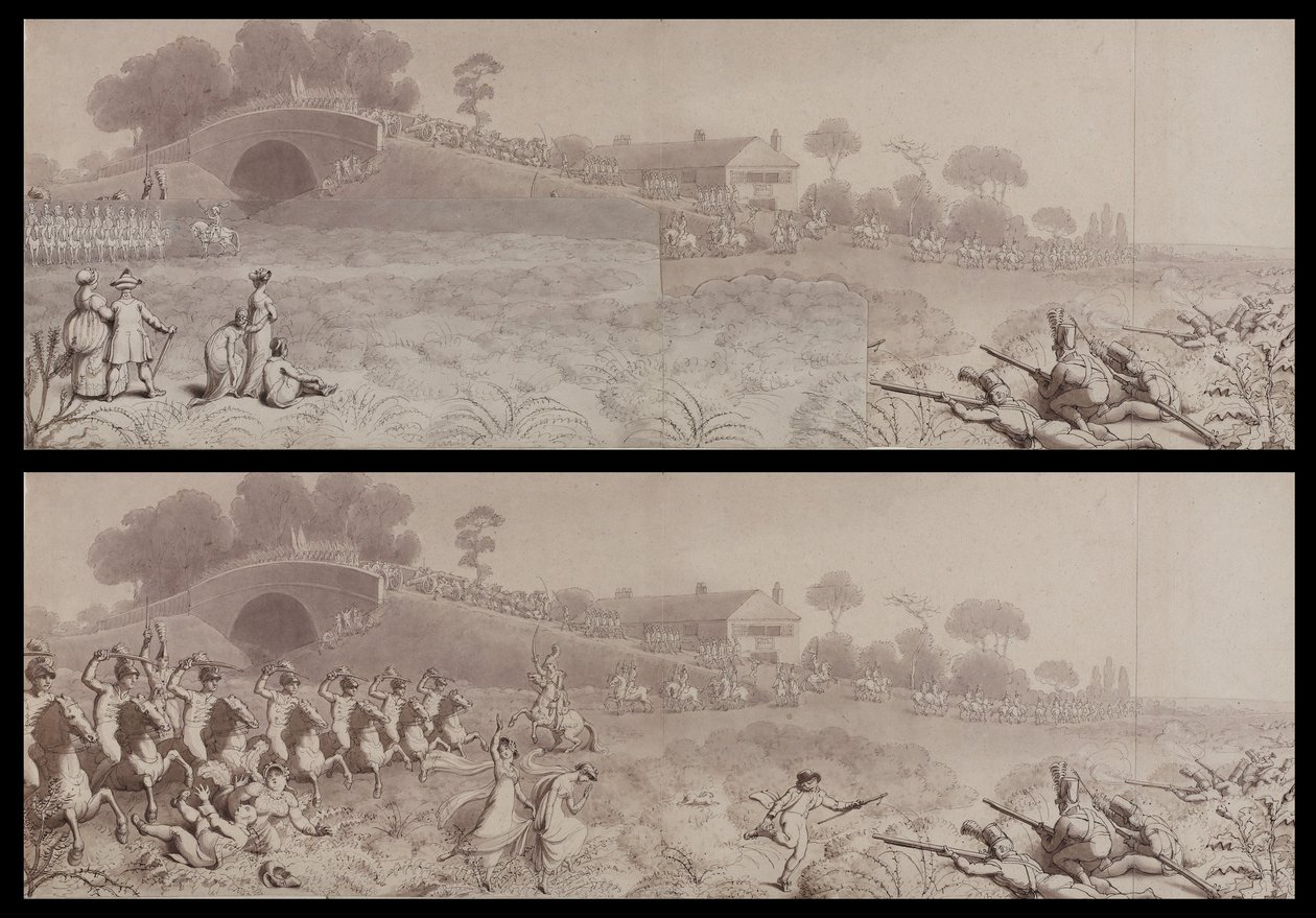 Wormwood Scrubs的志愿者评论显示了Mitre Tavern和Mitre Bridge，Hammersmith，c.1800（在纸上洗） 作者 英语学校
