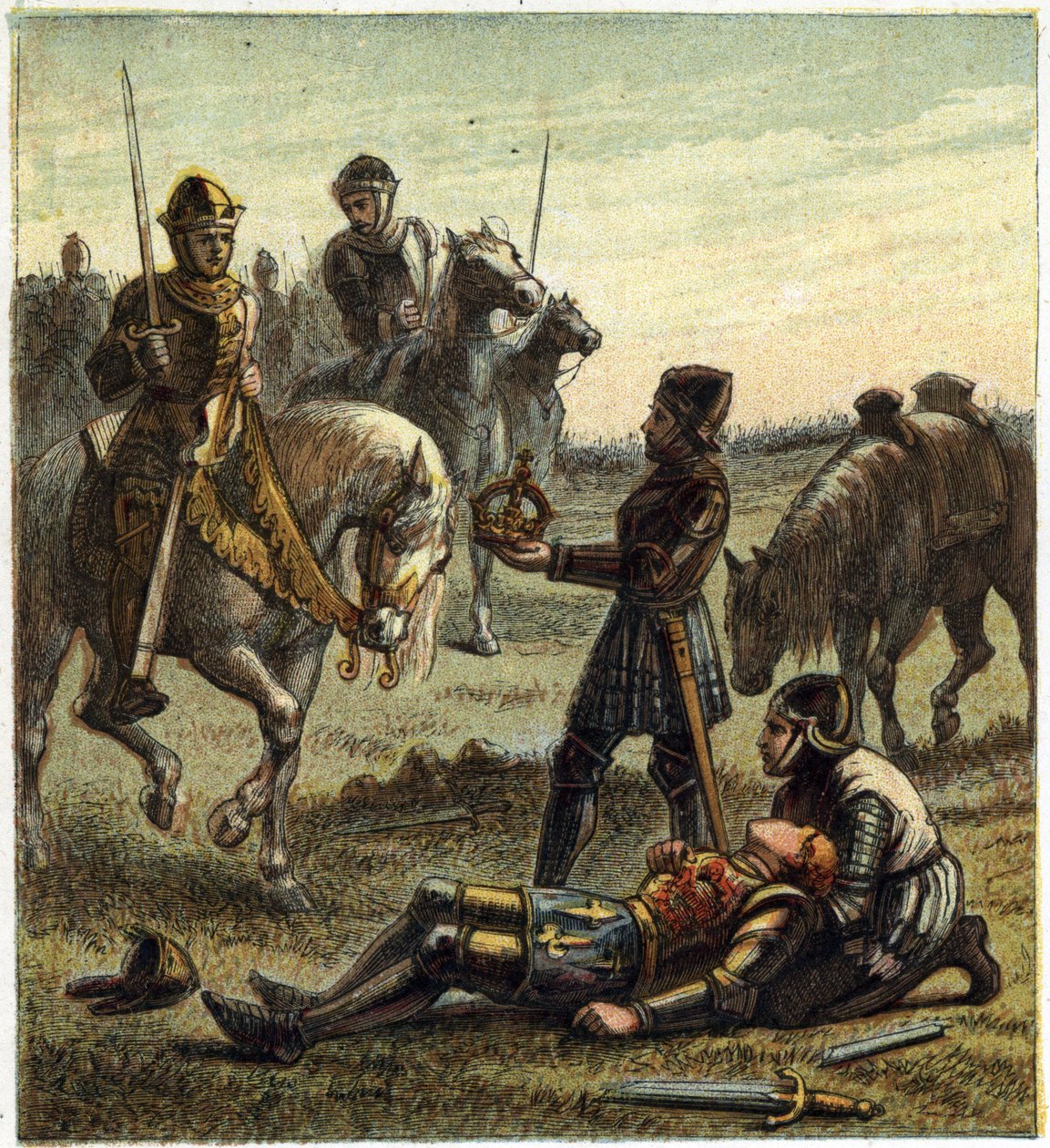 War of the Two Roses: death of King Richard III (1452-1485) during the Battle of Bosworth Field, which between the 22/08/1485 Richard III and Henri, Duke of Richmond. The latter received the crown of the dechu king and became Henry VII known as Henry Tudor 作者 英语学校