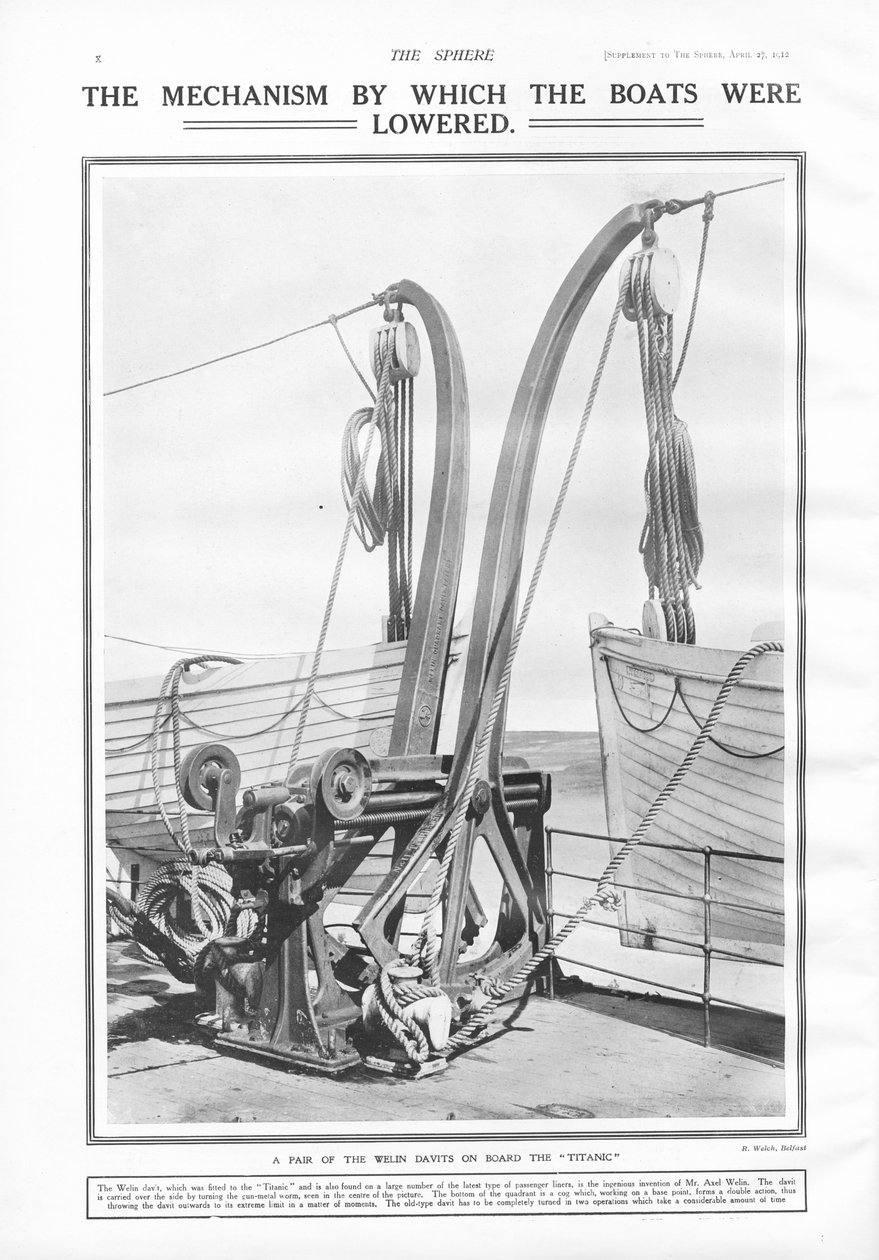 1912年4月27日，The Sphere，Welin davits，即降低船只的机制 作者 英语学校