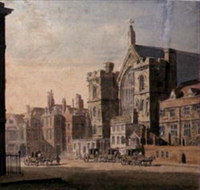 威斯敏斯特大厅和新宫院，约1808年（纸上水彩）。 作者 英语学校