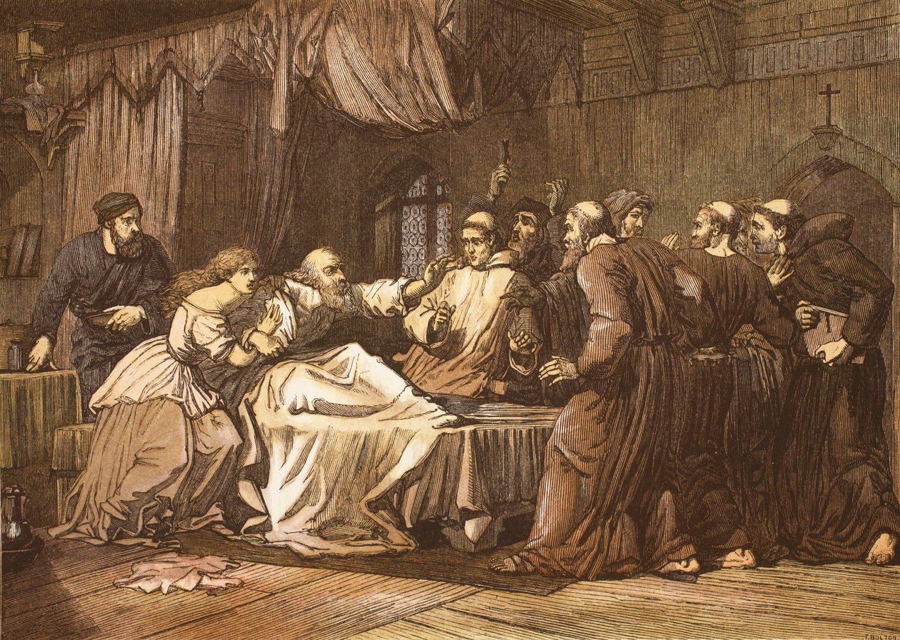 Wicliffe在他的死亡床上被Friars袭击，由T. Bolton雕刻 作者 英语学校