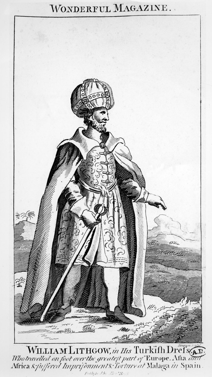 William Lithgow穿着土耳其服饰，插图来自Wonderful Magazine，c.1750-90 作者 英语学校