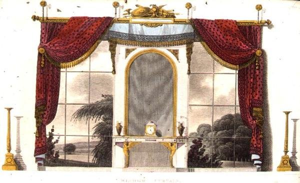 闺房的窗帘，板块3来自阿克曼的《艺术文献》，1809年出版（彩色平印）。 作者 英语学校