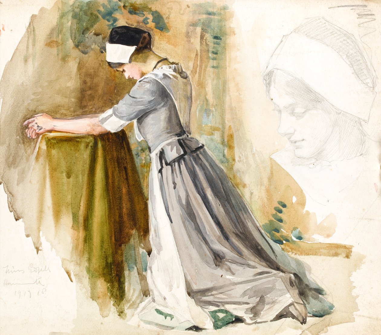 女人在祷告，1917年（在纸上wc） 作者 英语学校