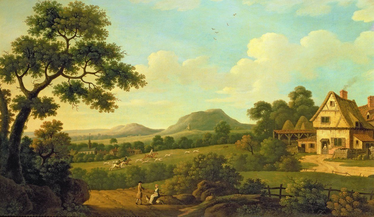 树木繁茂的景观与路边的人物，约1770年 作者 英语学校