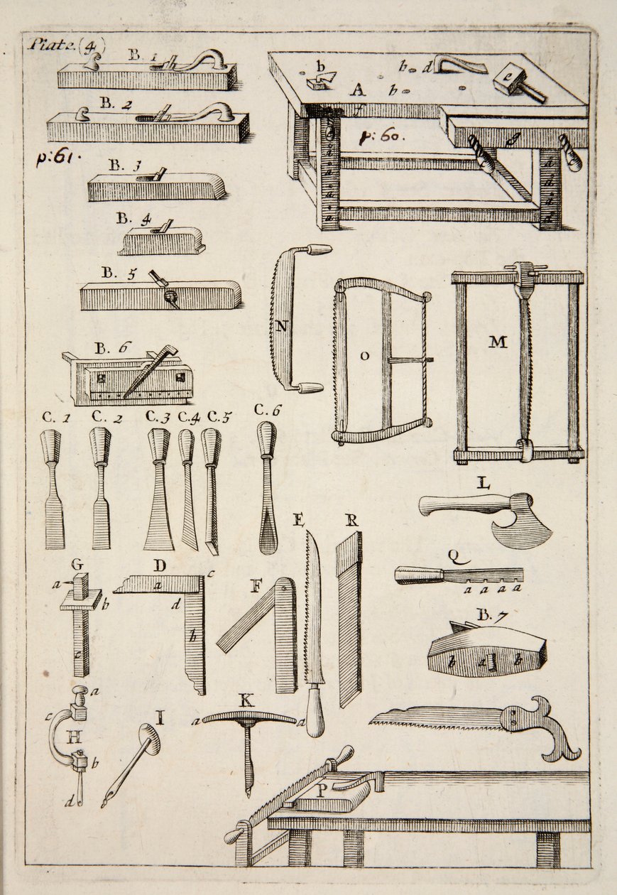 木工工具，出版。1683年的雕刻。 作者 英语学校