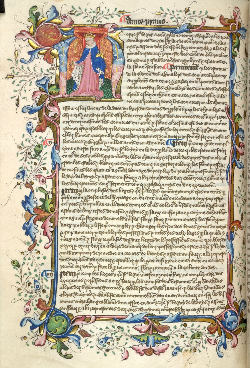 Yates Thompson 48，f.172v 历史上亨利五世的首字母“N”（ostre），以及他的法令开头的完整叶状边框，来自“Nova Stauta”（牛皮纸） 作者 英语学校