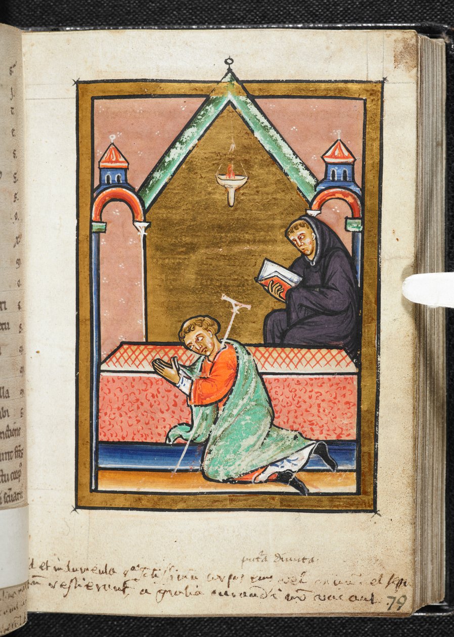 Yates Thompson Ms 26，f.79 r 瘸子在圣库斯贝特墓前祈祷，插图选自 "比德，库斯贝特的散文生活"（牛皮纸）。 作者 英语学校